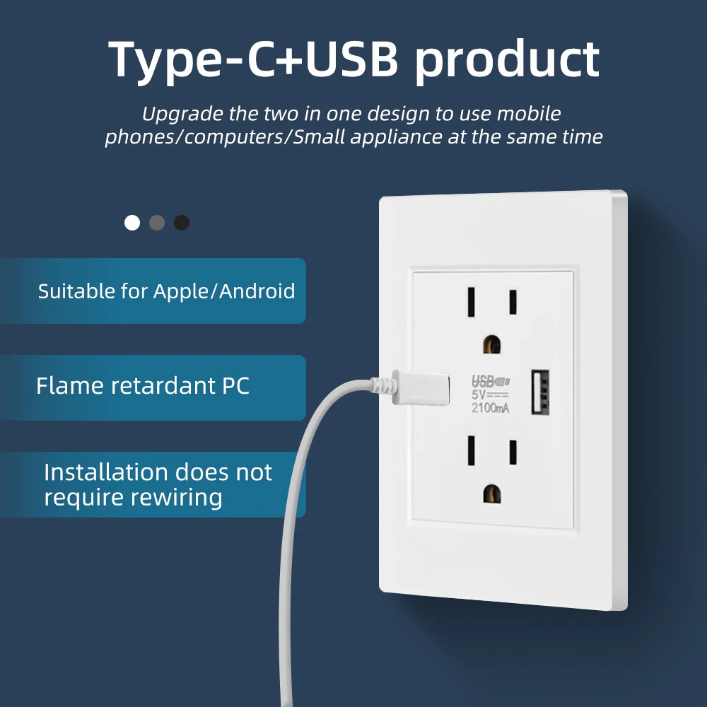 VISWE US socket with Usb Type c 5V 2.1A 118*72mm Flame retardant PC panel Wall plug usb wall contact