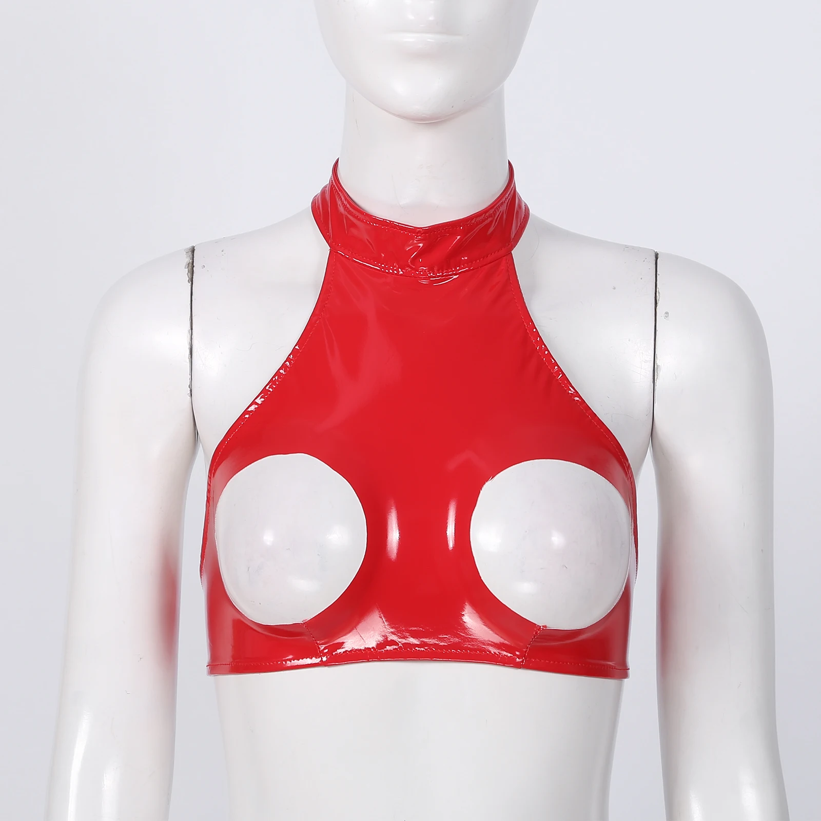 YiZYiF Women WetLook Shiny Crop Top Sexy Pvc Bra Faux Leather Open Bust Bra Vest Club Party Neck Backless Sexy Tank Top lingerie