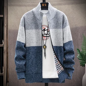 Autumn Winter Cardigan Sweater Men Fleece Zipper Sweaters Velvet Contrast Striped Sweater Coats Casual Jackets 2 Autumn Winter Cardigan Sweater Men Fleece Zipper Sweaters Velvet Contrast Striped Sweater Coats Casual Jackets 2