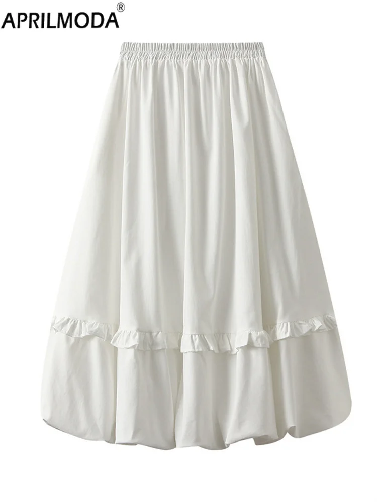 

Solid White Black Elastic High Waist Bud Ball Gown Midi Long Women's Skirt Renaissance Costume Japanese Ruffle Vinatge Skirts