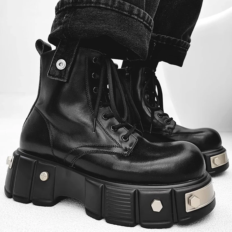 England style mens casual punk rock platform boots lace-up natural leather shoes cowboy spring autumn boot high motorcycle botas - view 2