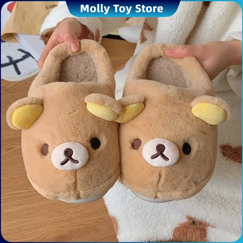 Kawaii süßer Bär Rilakkumas tragen Baumwollschuhe draußen flache geschlossene Pantoletten Cartoon süße Heimschuhe Winterpaarschuhe