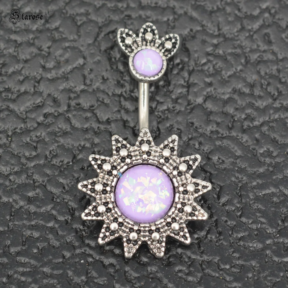 1.6x8mm pietra viola sole Piercing alla pancia bilanciere in acciaio inox Piercing all'ombelico gioielli falso opale ombelico anelli gioiello del partito