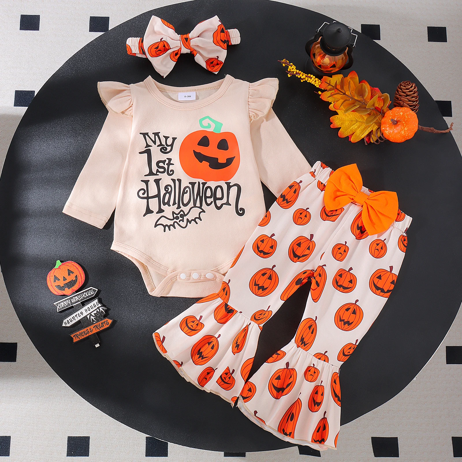 

3PCS Autumn 0-1 Years Old Girl And Baby Casual Round Collar Long-Sleeved Suit + Pumpkin Pattern Trumpet Trousers Set