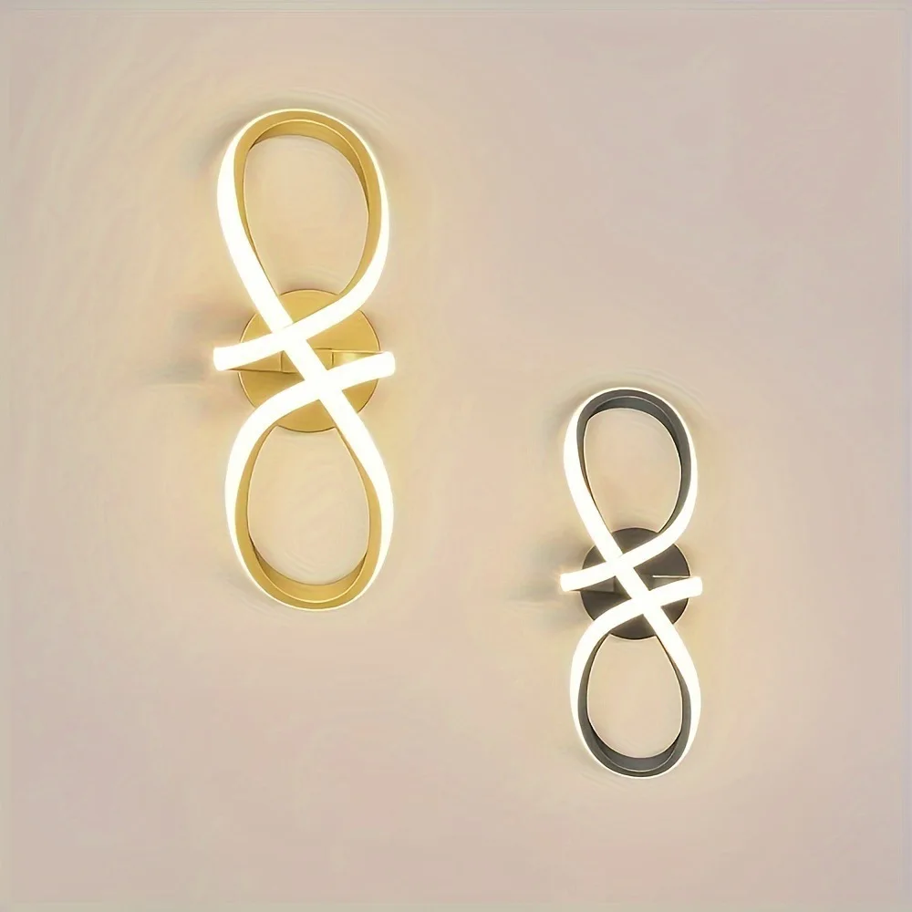 مصباح جداري LED حديث مع تصميم حلقة موبيوس بخطوط بسيطة باللونين الأسود والذهبي لغرف النوم وغرف المعيشة والممرات وإضاءة الدراسة
