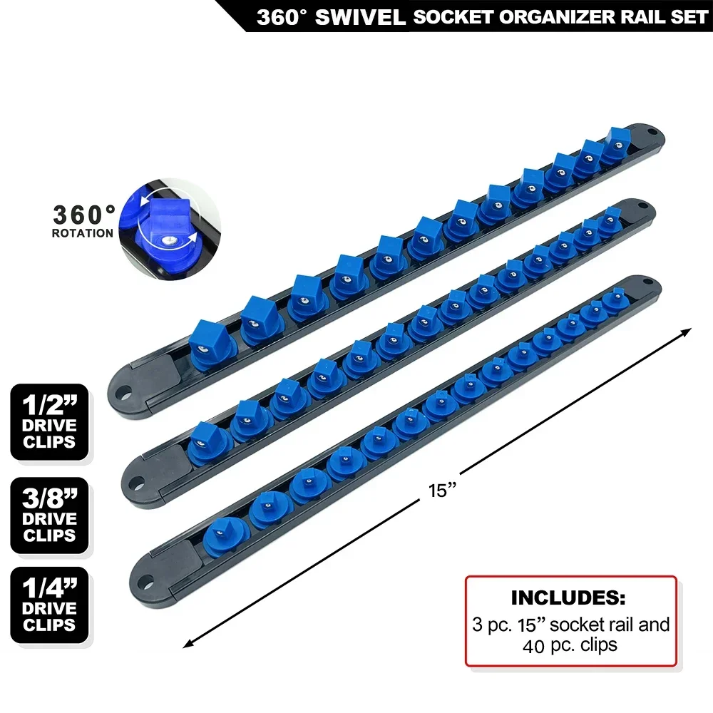 360 °   Draaibare ABS Socket Organizer 1/4Inch 3/8Inch 1/2Inch Premium Kwaliteit Socket Clip Rail Houder socket organizer gereedschap Blauw & Rood