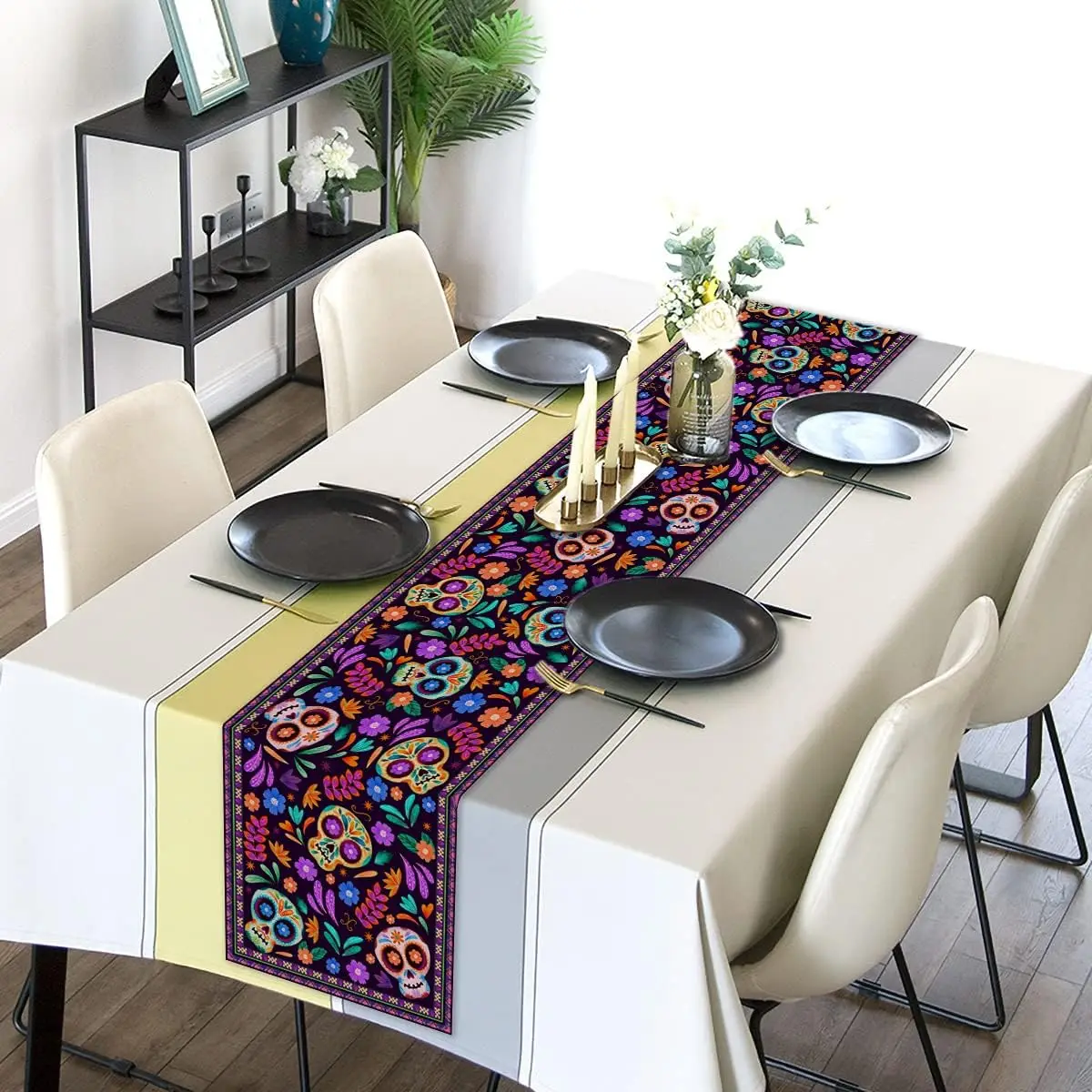 Dia De Los Muertos Table Runner Cinco De Mayo Rustic Mexican Sugar Skull Day of The Dead Decoration for Home Kitchen Dining Room