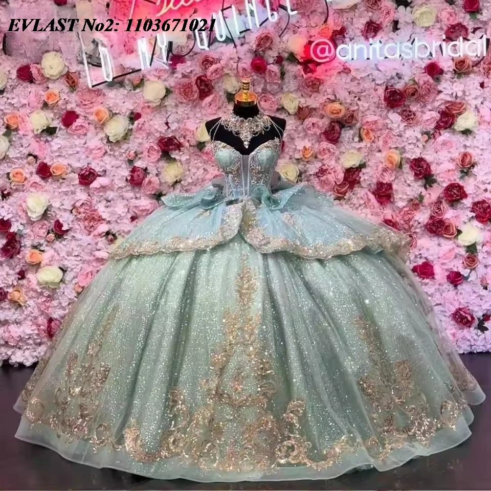EVLAST Aangepaste Mexicaanse Salie Quinceanera Jurk Baljurk Gouden Kant Applique Kralen Corset Sweet 16 Vestidos 15 Anos E2QA223