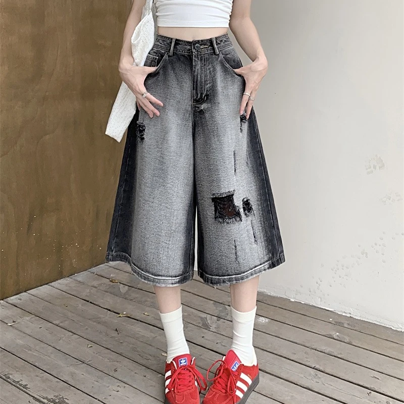 American Style High Street Ripped Shorts Women Hip Hop Niche Loose Straight Leg Solid Color Versatile Casual Streetwear Female