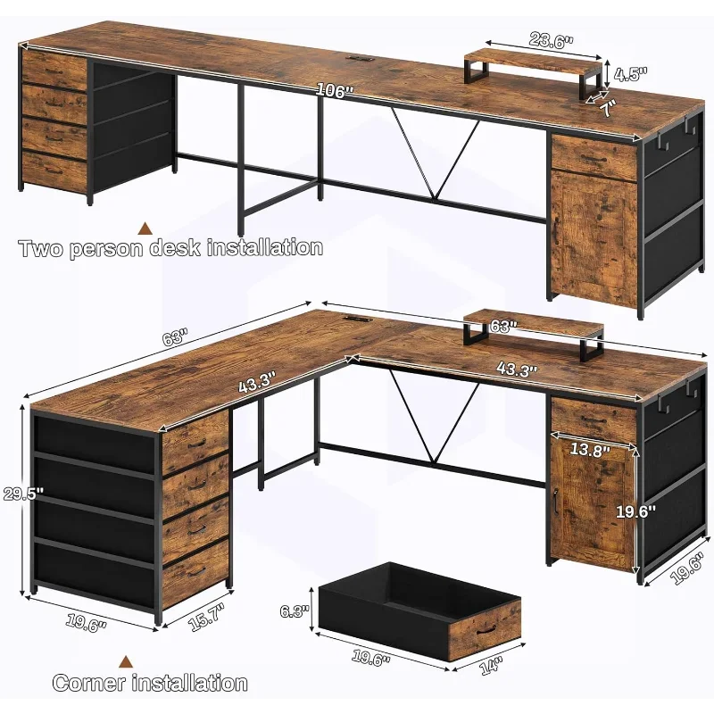 Computer Desk with 5 Drawer & Power Outlet, Long Home Office Desk or Corner Desk, L Shaped Corner