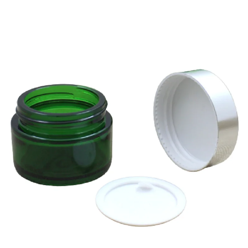 20g 30g 50g Empty Glass Cream Jar Green Eye Cream Jars Pot Body Care Cosmetics Face Cream Container with Bright Silver Lid 15pcs