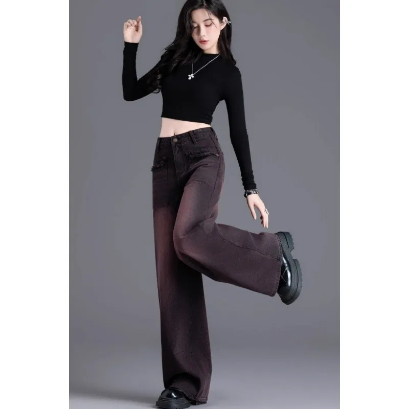 American Red Black No-pile Jeans for Women Spring/Summer High-waisted Wide-leg Pants Extremely Good-looking Straight-leg Pants