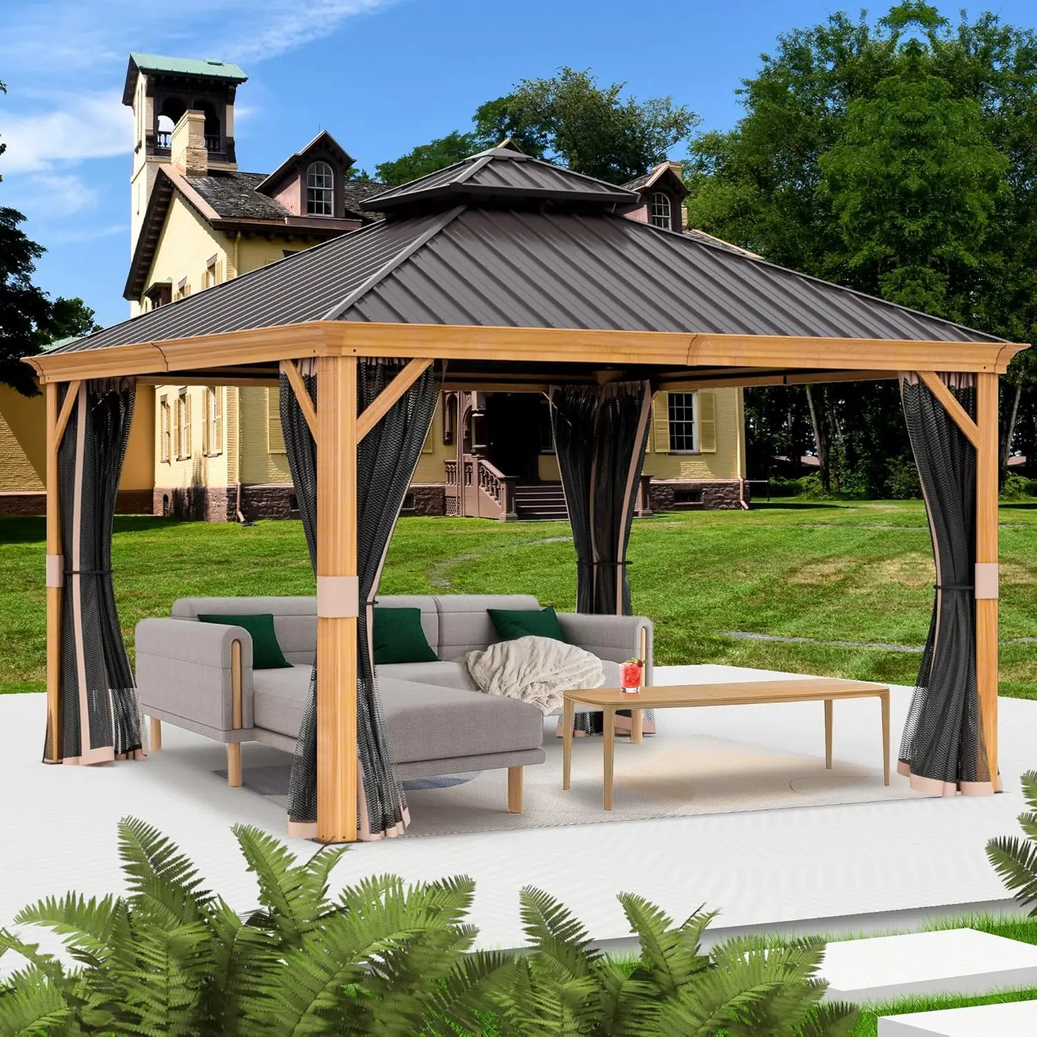 12’x12’ Hardtop Gazebo, Outdoor Permanent Metal Pavilion with Netting for Patio, Deck and Lawn (12ft x 12ft)