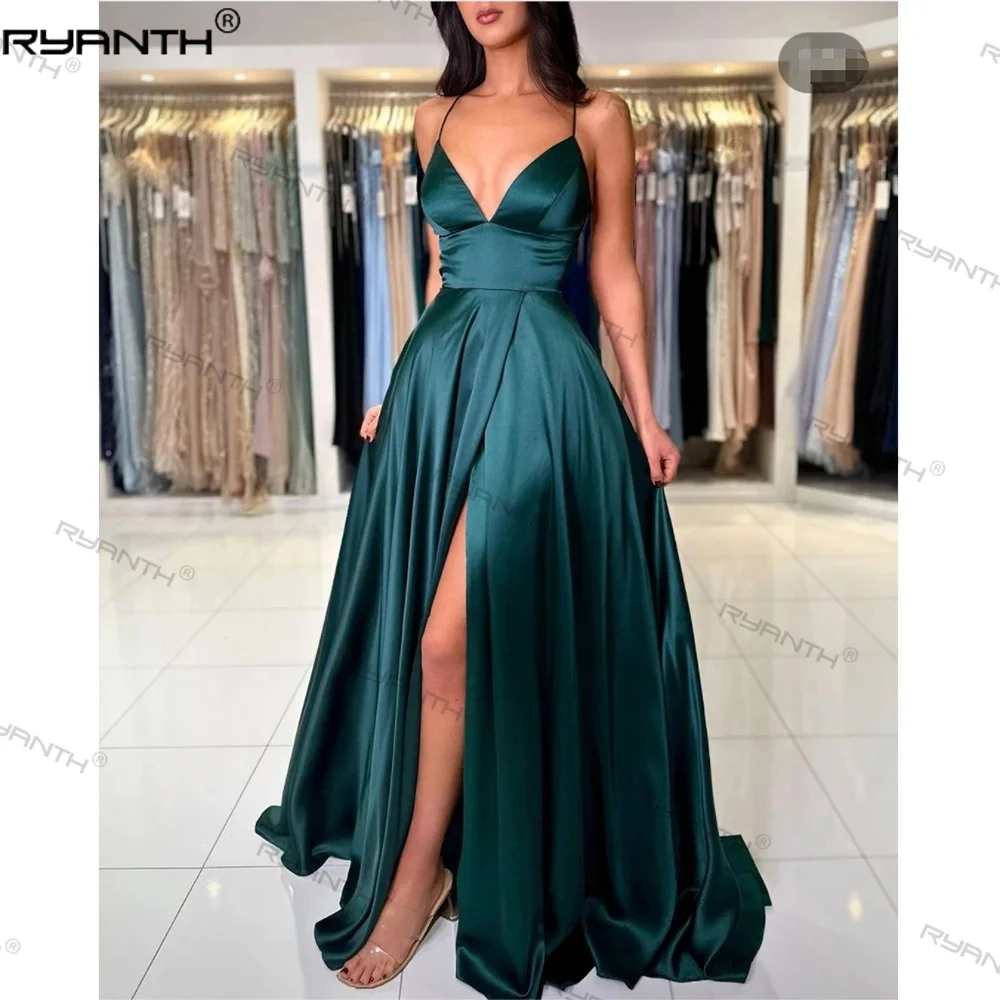 

Ryanth Sexy A Line Satin V Neck Prom Dresses with Slit Spaghetti Strap Formal Evening Dress Lace Up Back Party Dress Backless