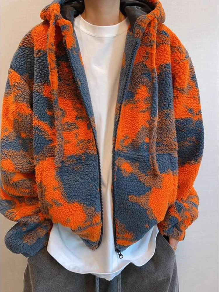 Chaqueta Sherpa Retro de invierno para hombre, abrigo de piel con capucha de gran tamaño naranja, ropa de calle gruesa y cálida, Parkas forradas de lana