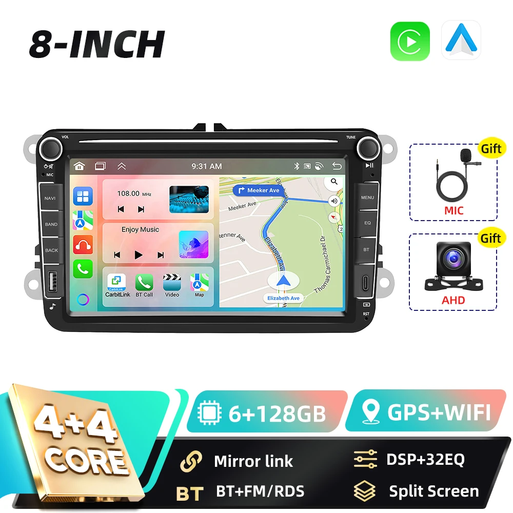 Podofo 8 inch GPS 6+128GB 2DIN autoradio voor VW Volkswagen SAGITAR JATTA JETTA Seat Altea Carplay FM/RDS Android Auto Mirror Link BT
