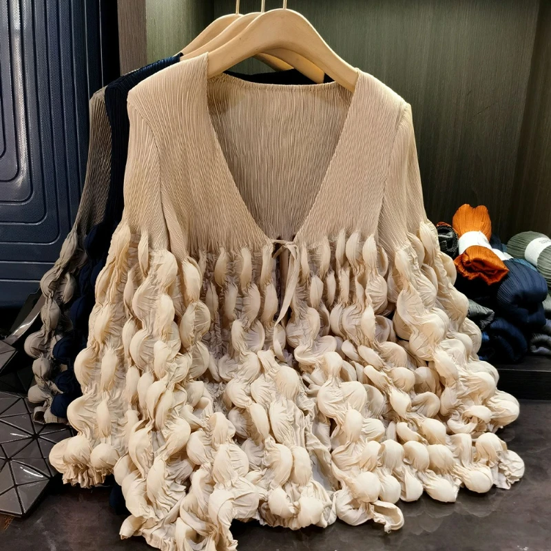 

Women Elegant Coats Pleated Long Sleeve Jackets Lace Up Spliced Casual V Neck Coat Elegant Lady Cardigan Outwear Autumn 2025