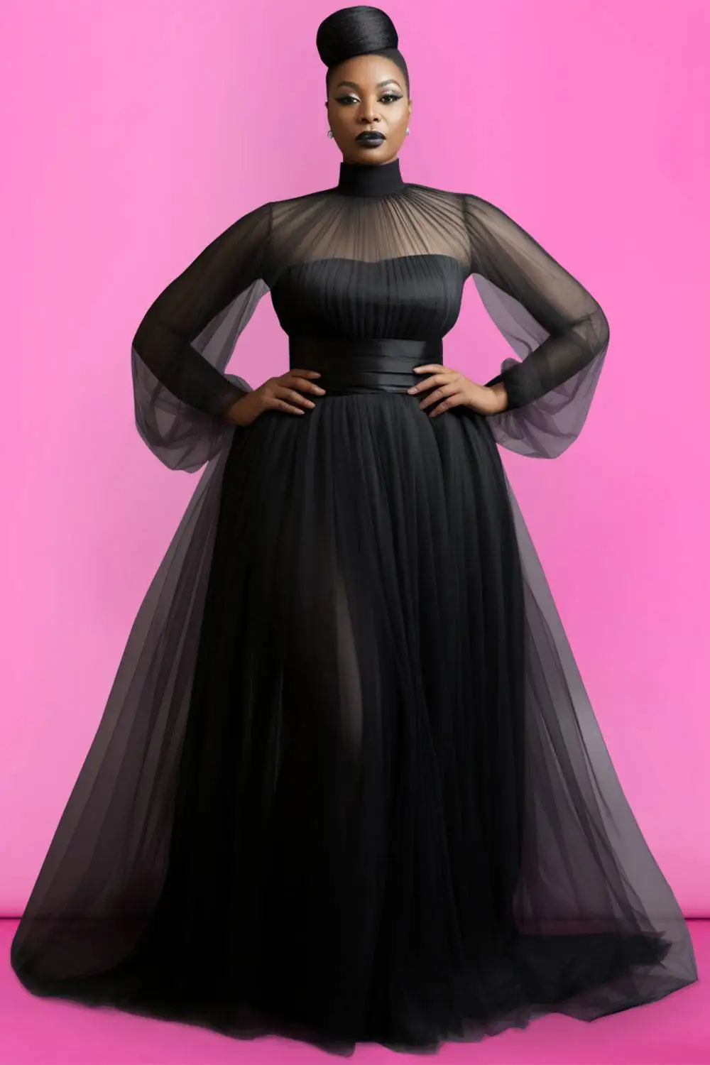 

Plus Size Formal Maxi Dresses Elegant Black Spring Summer Mock Neck Lantern Sleeve Long Sleeve See Through Mesh Maxi Dresses