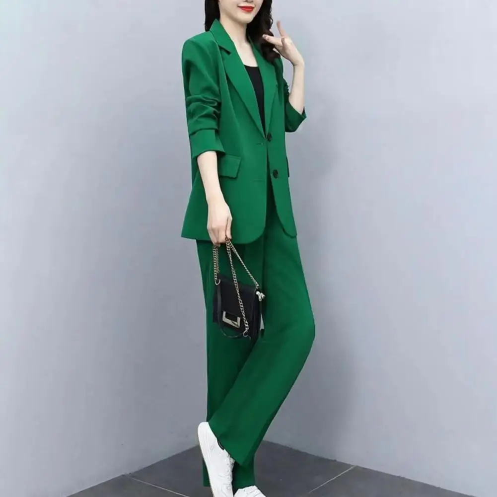 Long-sleeve Top Outfit Formal Business Style Women\'s Coat Pants Suit Set with Lapel Button Closure Cardigan Wide Leg for Work