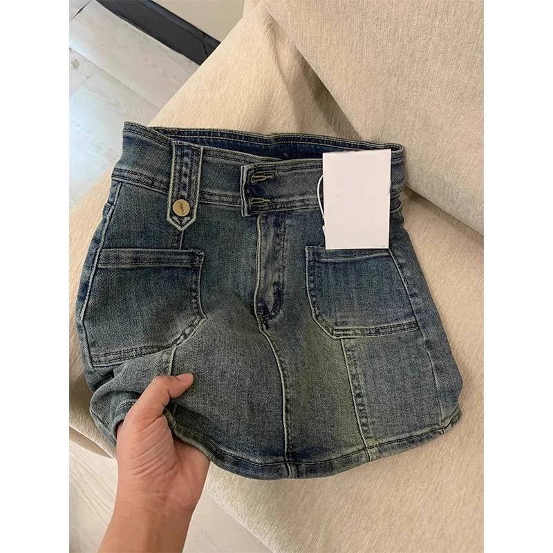 

Американская ретро-юбка из денима для девушек, летняя, с защитой от просвечивания, А-силуэт, облегающая, средней длины