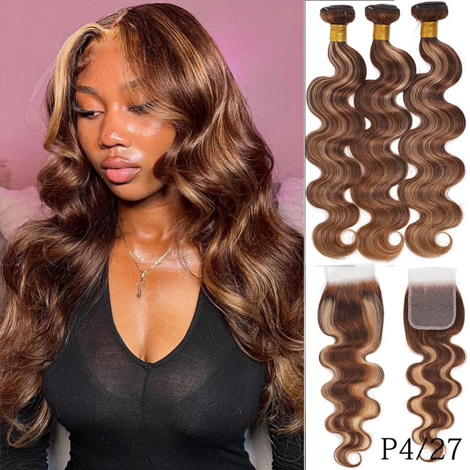 

100% Human Hair Ombre Brown Highlight Body Wave Bundles With Closure Two-Tone Bouncy Loose Body Wavy 2/3 Bundles With HD Closure