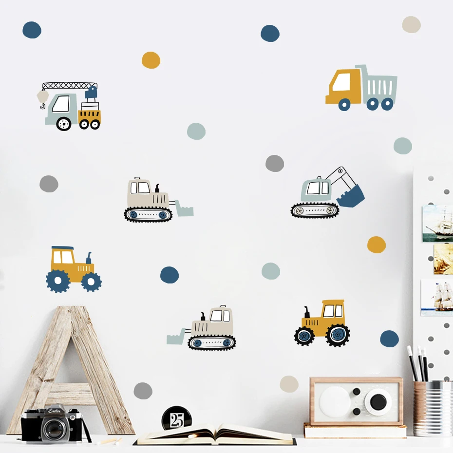 Construction Vehicle Urban build Road Car Dots Watercolor Nursery Stickers Wall Decals Print Kids Boys Room Interior Home Decor