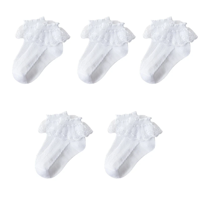 CORB Set of 5 Pair Baby Short Socks with Large Ruffle Trim for 1 to 10+ Years Kids Lace Accent Ankle Socks Comfortable