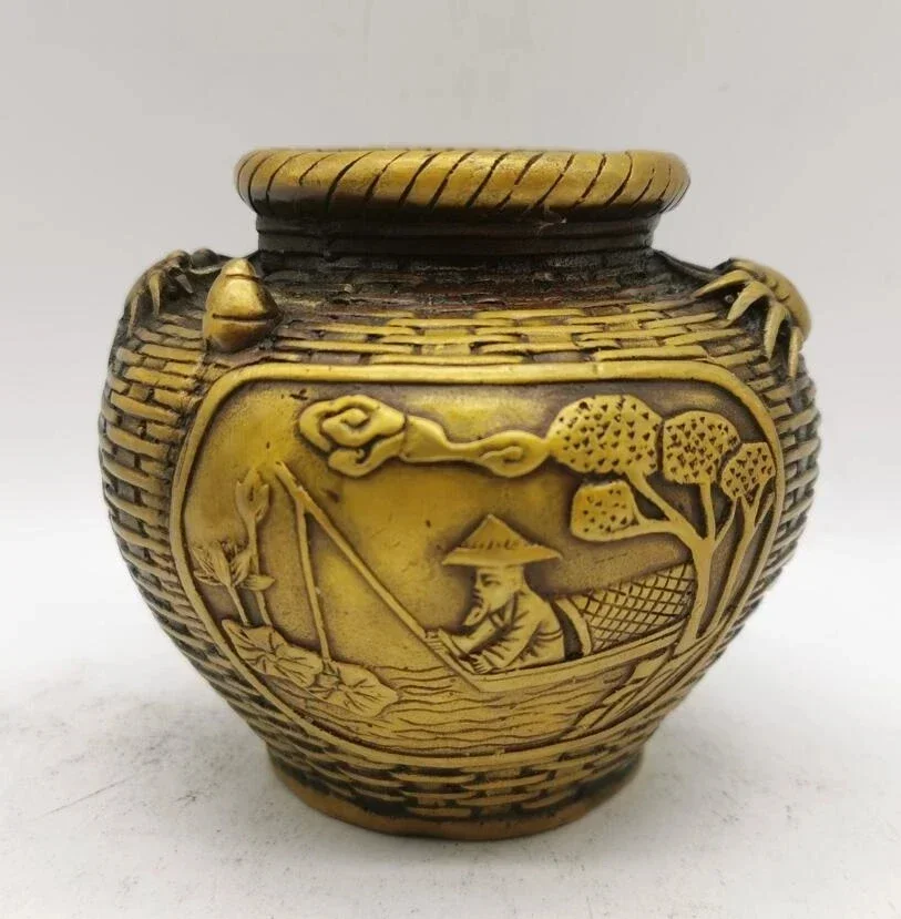 China brass archaize old man fishing recruit wealth Fish basket crafts statue