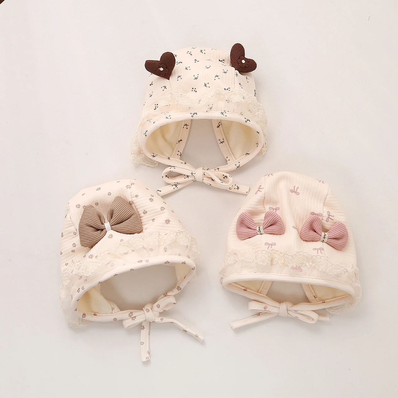 

Pink Red Baby Ear Protection Cap Princess Girl Lace Up Headgear Bonnet Pink Bow Kid Beanie Spring Autumn Newborn Fetal Hat 3-12M