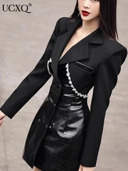 UCXQ Streetwear Black Diamond Patchwork Notched PU Leather Blazer Fashion New Slim Fit Mid Long Suit Jacket Autumn 2024 New Tide