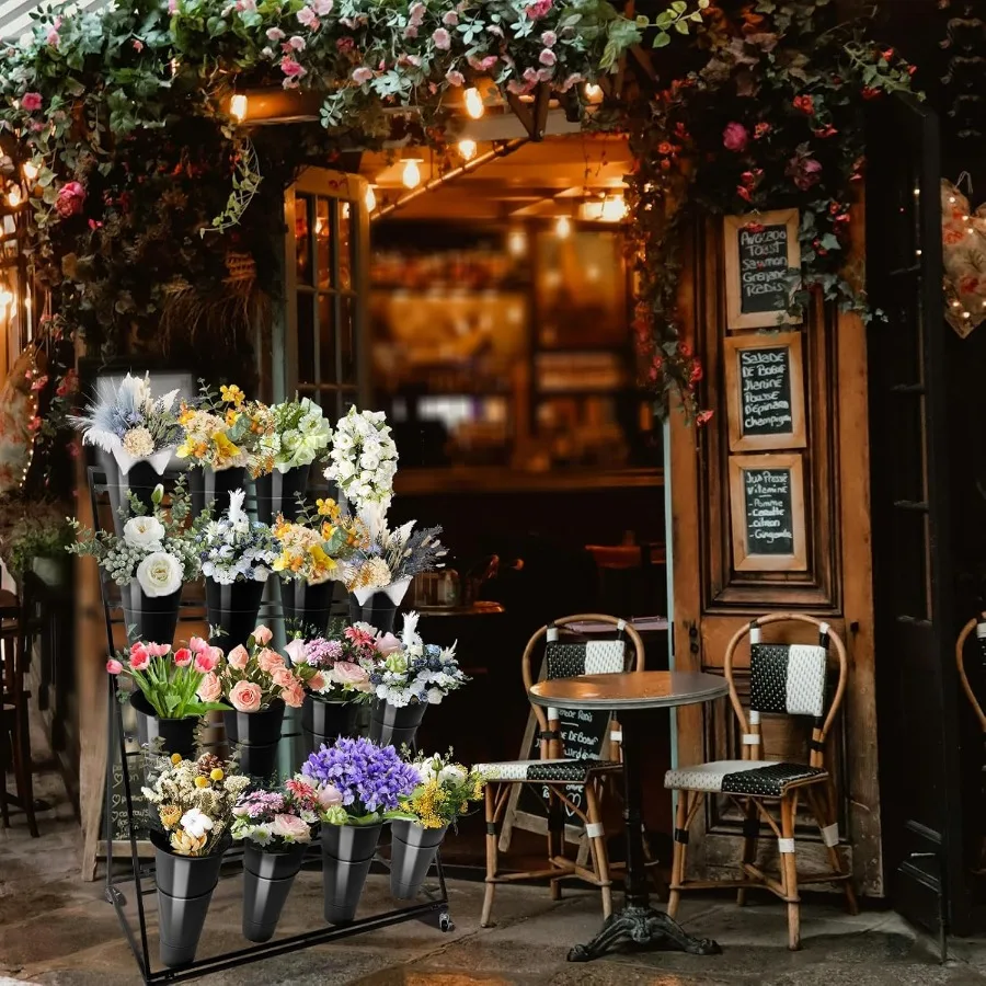 حامل عرض لعربة الزهور مكون من 4 طبقات مع عجلات و16 دلاء مستديرة لسوق المزارعين وعرض النباتات الخارجية والمقهى والحديقة ديكو