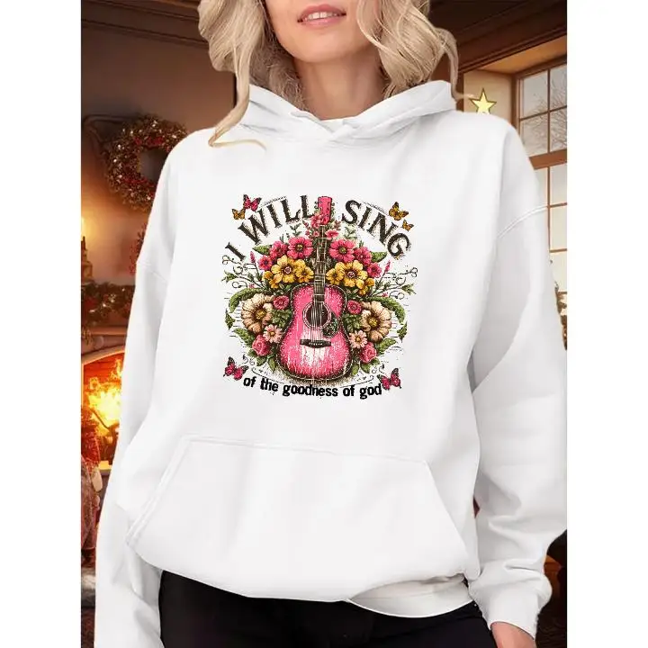 

I Will Sing of the Goodness of God Hoodie, Christian Worship Sweatshirt, Guitar & Flowers Graphic Pullover for Women