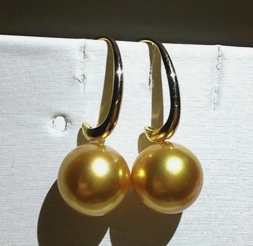 Charming AAAA Round 10-11mm natural South Sea Golden pearl earring 925s