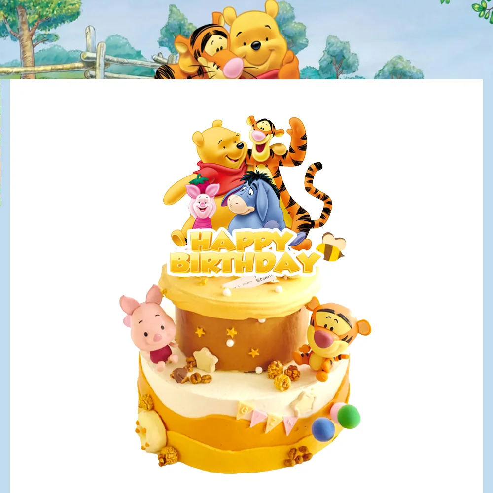 Decoración de fiesta de cumpleaños de Disney Winnie the Pooh, adorno para pastel de feliz cumpleaños, taza de oso Pooh, bandera para pastel,