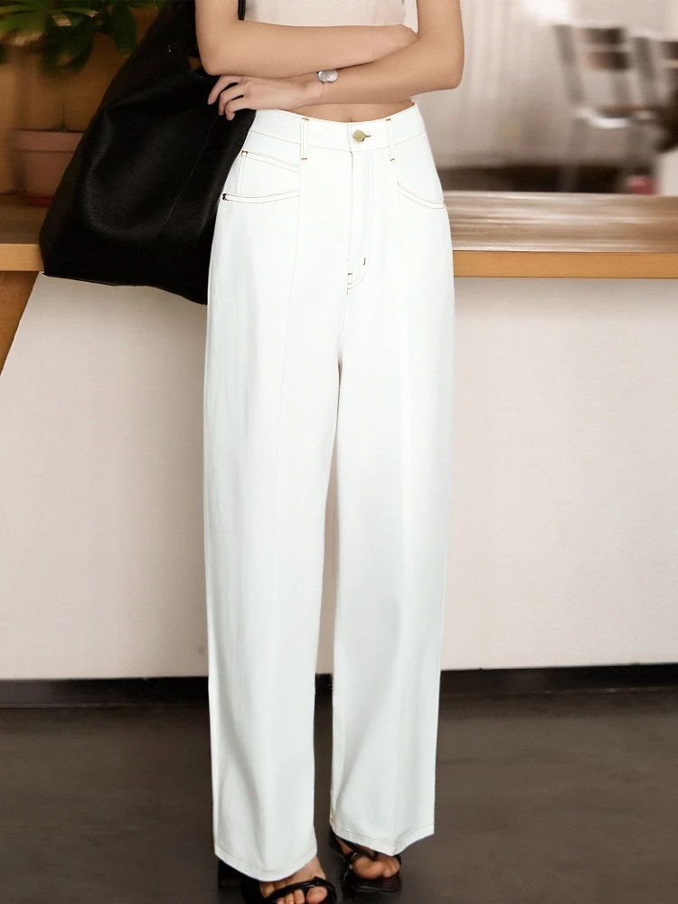 Pantalones Anchos de Verano Chivirin, Cintura Alta, Corte Recto, Textura de Algodón, Color Blanco, Efecto Adelgazante, para Mujer