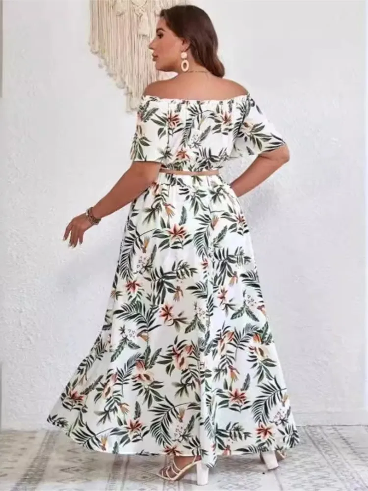 Plus Size Zomer 2 Tweedelige Set Vrouwen Off Shoulder Sexy Dames Cropped Blouses Onregelmatige Split Modis Ruche Geplooide Vrouw Rok