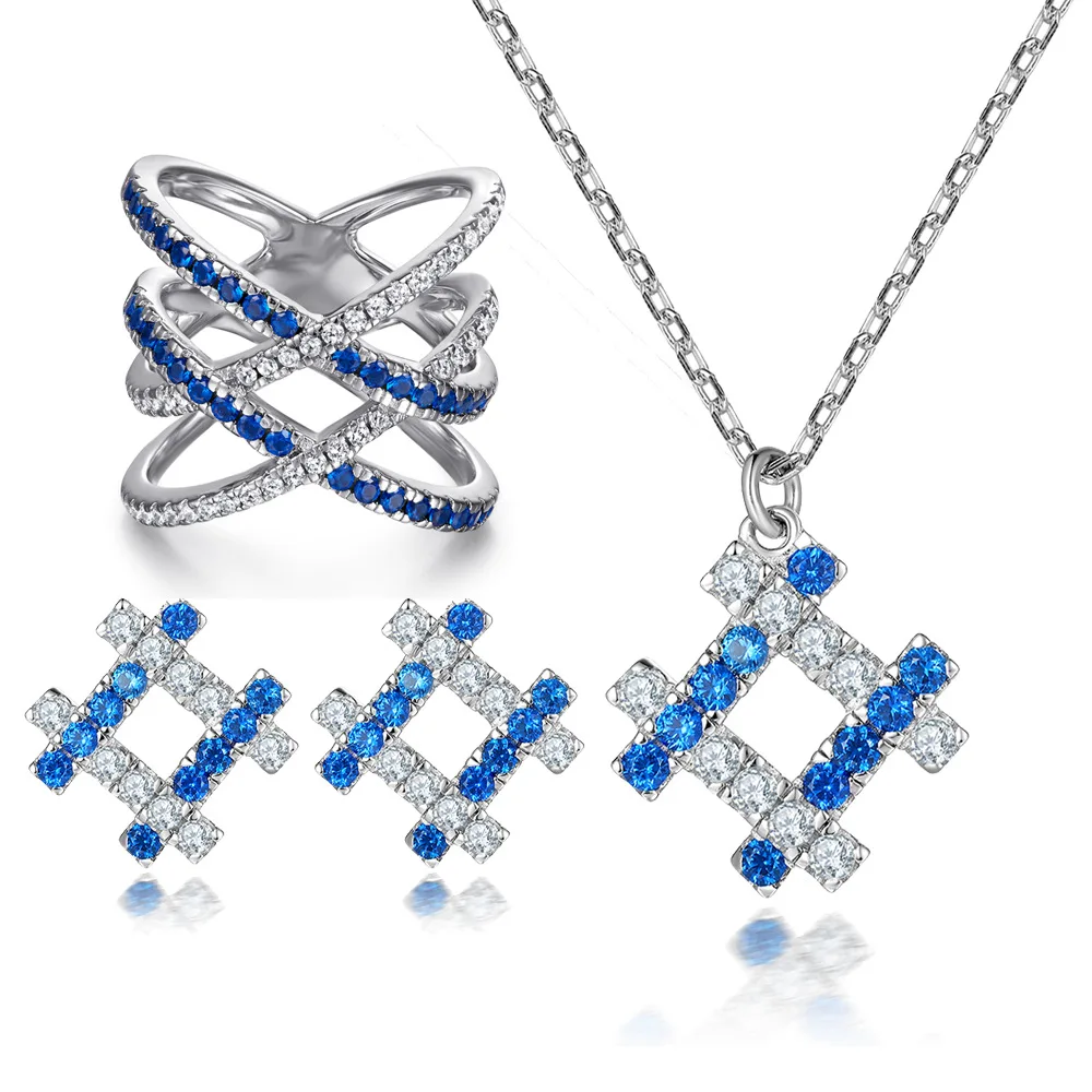 

S925 pure silver plated 18K gold PT950 platinum cross multi circle gemstone diamond ring diamond earrings necklace set