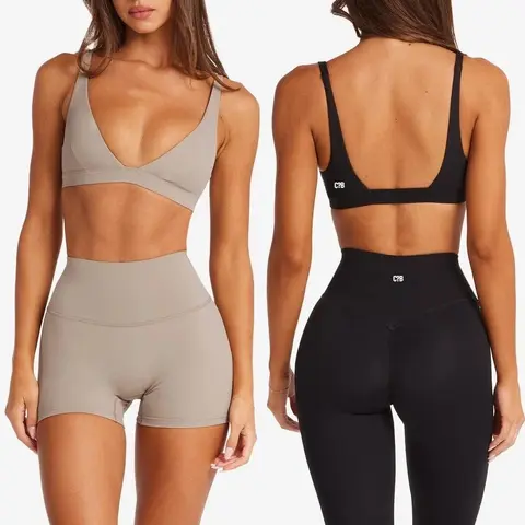 C-B Style V-Neck Sports Bra & High Waist Yoga Shorts/Leggings Set Women's Fitness Gym Pilates Activewear Workout Sportswear