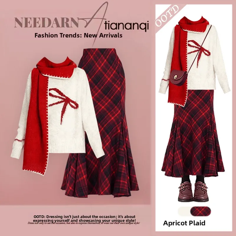 

Winter Faion Versatile Women's Outfit Loose Slimming Sweet Bow Print Top with f-length Skirt Two-piece Set Casual Chic