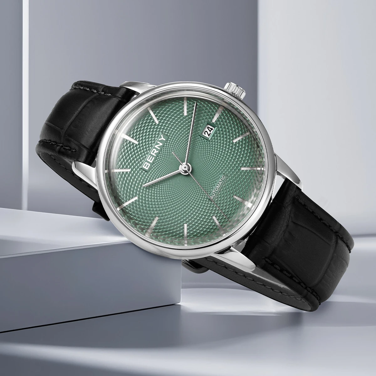 BERNY Automatikuhren für Herren, luxuriöse klassische mechanische Herrenuhr, gewölbtes Glas, Kalender, elegante, schlanke Armbanduhr – Detail 14