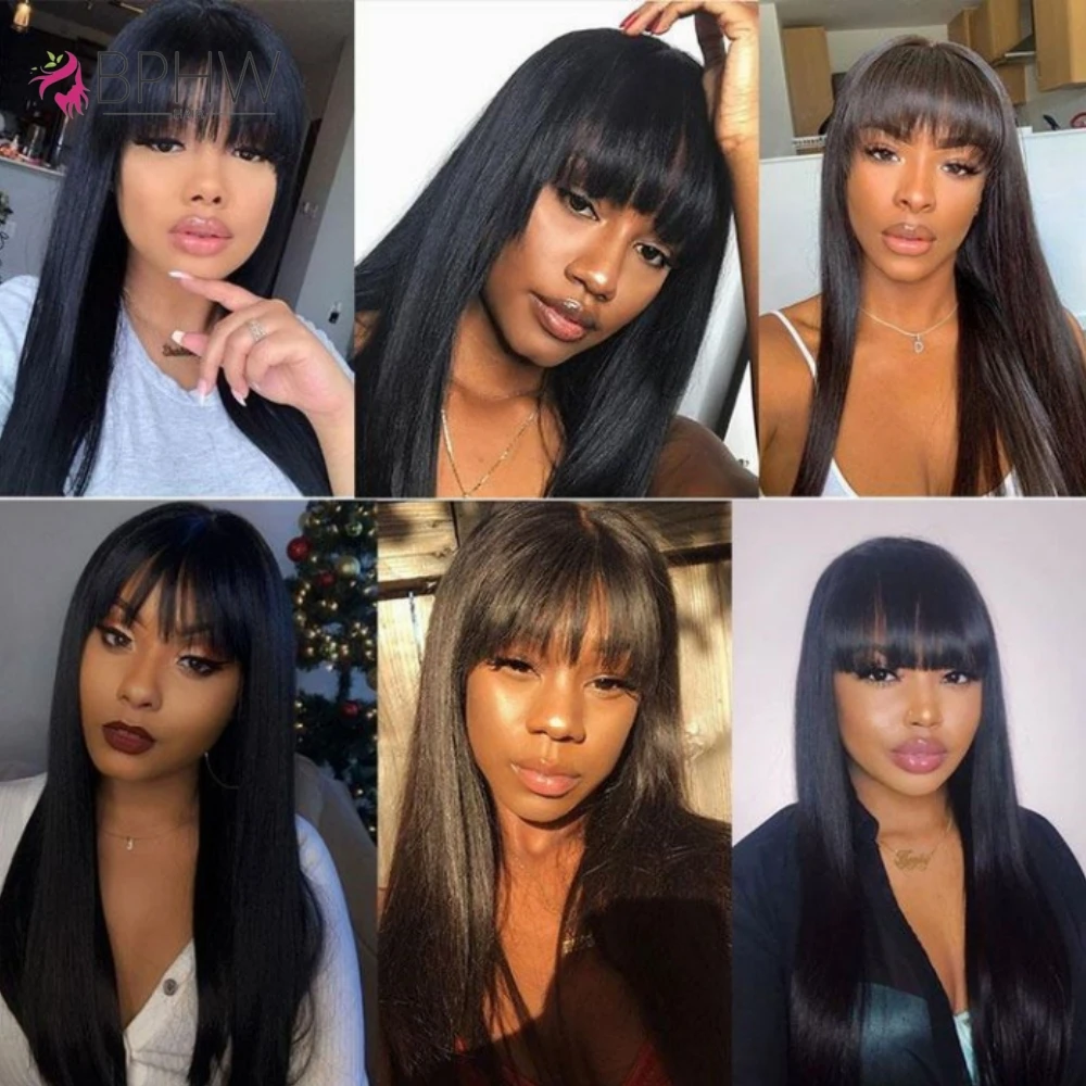 Straight Human Hair Wigs with Bangs Full Machine Made Wig 180% Density Brazilian Bangs Wigs For Women Natural Black Wigs BPHW