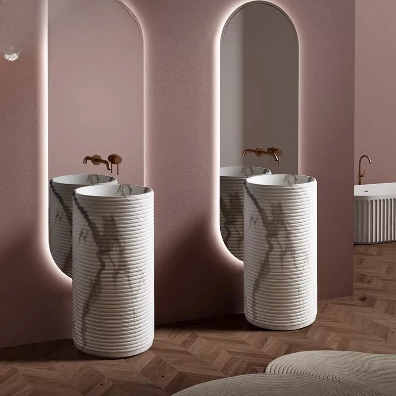 

Italian luxury stone style column wash basin integrated floor-to-ceiling circular art basin pillar basin club hotel wash table