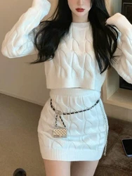 Winter Korean Fashion Solid Knitted Two Piece Set Slim Long-sleeved Pullovers + High Waist Skirt New Casual Knit Suit Women 2024