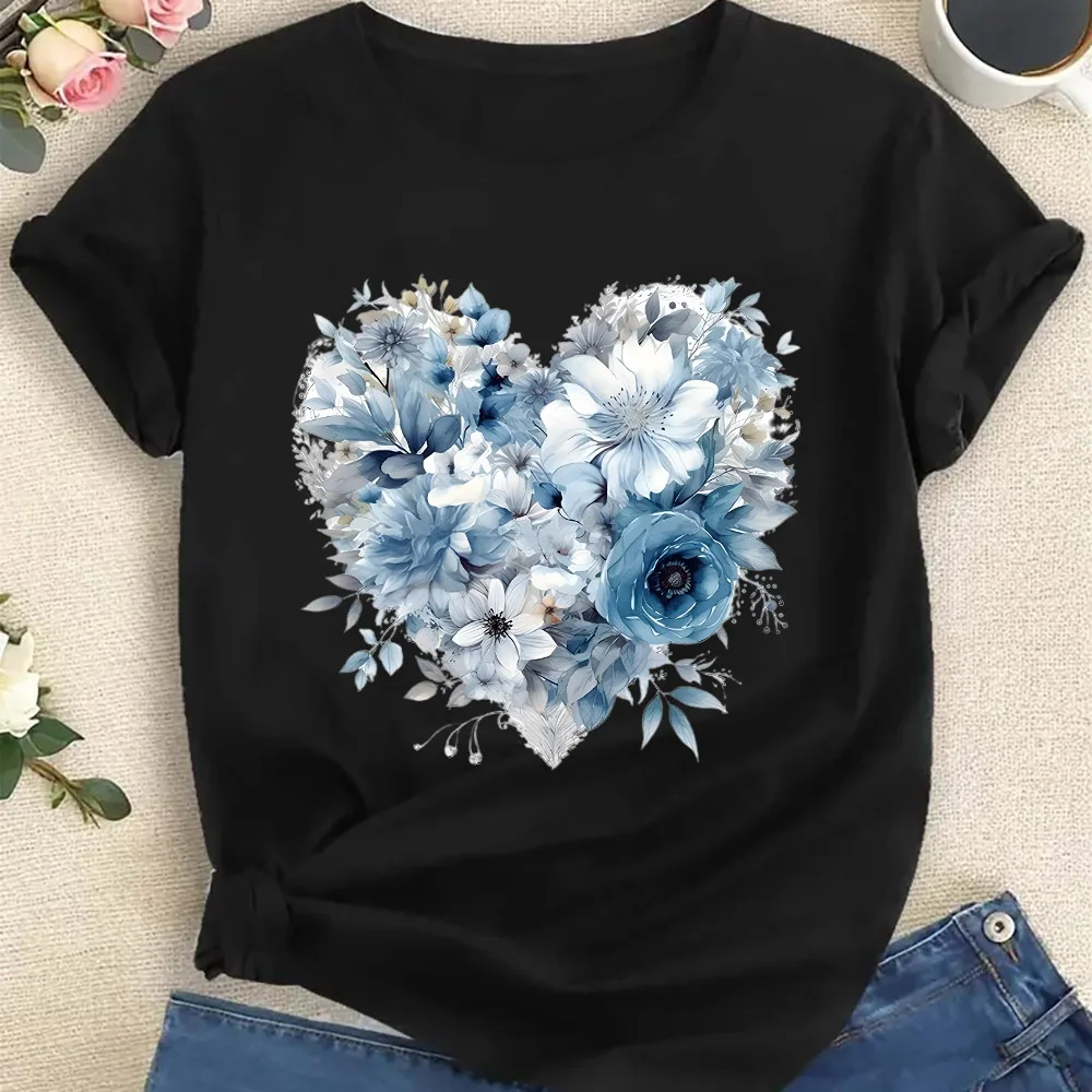 Flower Love Heart Sweet Fashion T-Shirt Summer Comfortable Women's Tee Mother's Day Casual Short Sleeve Shirt