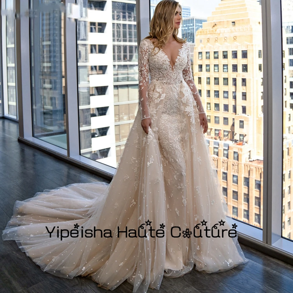 Yipeisha-Robes de mariée de luxe avec appliques champagne, poignées, train amovible, longueur au sol, balayage des patients, quelle que soit la robe de mariée, 2022