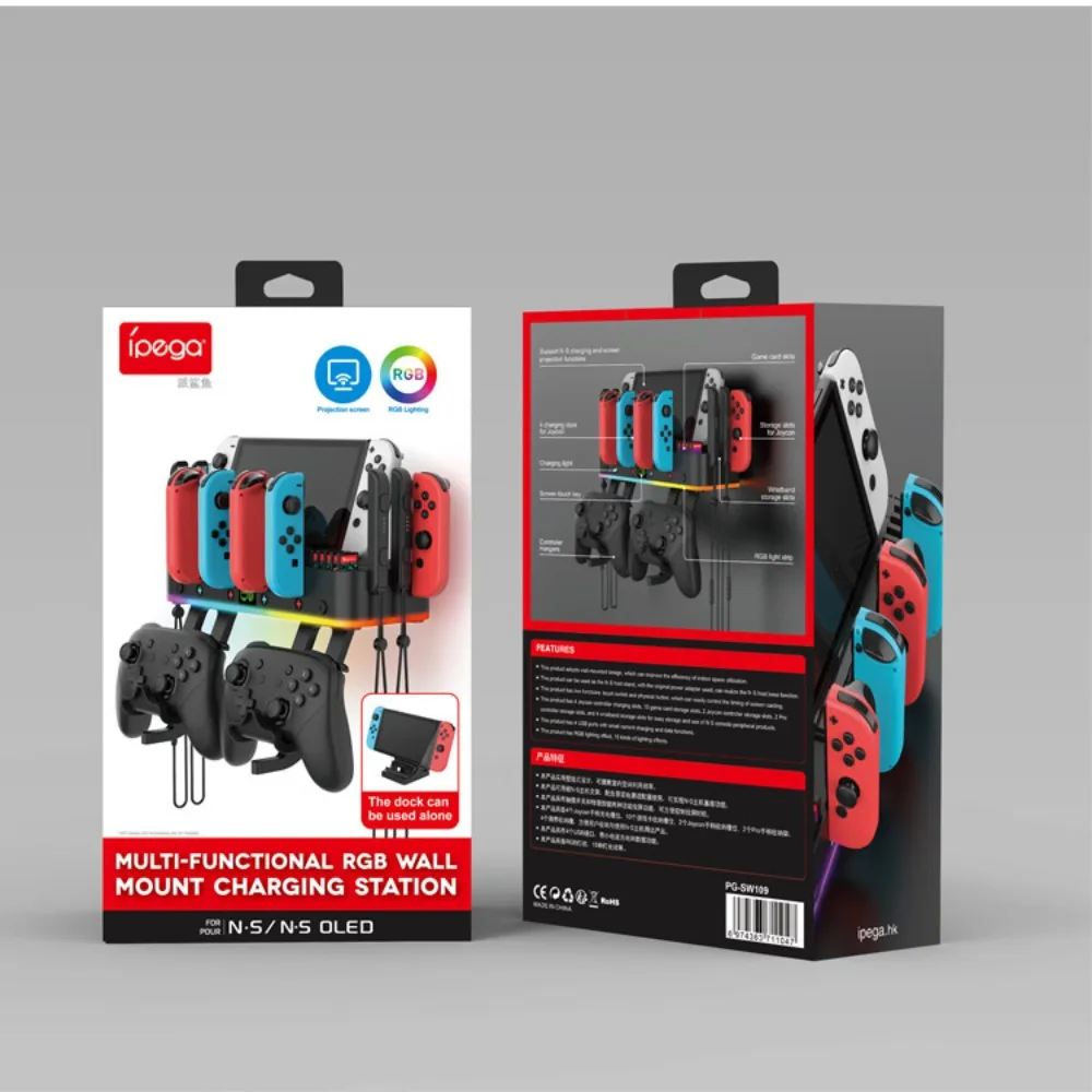 Switch TV Dock Station & Wall Mount for Nintendo Switch/OLED RGB Charging Dock for 4 Joycon Charger Cards Slot Controller Hooks