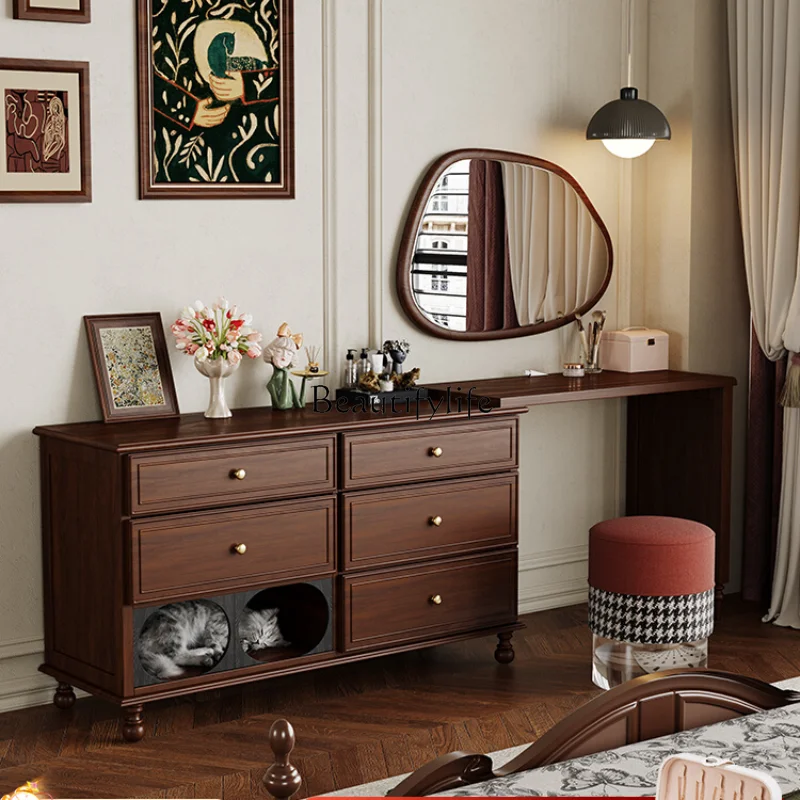 

French Retro Solid Wood Makeup Table Retractable Bedroom Tailstock Cat Nest Chest of Drawers Integrated Dresser