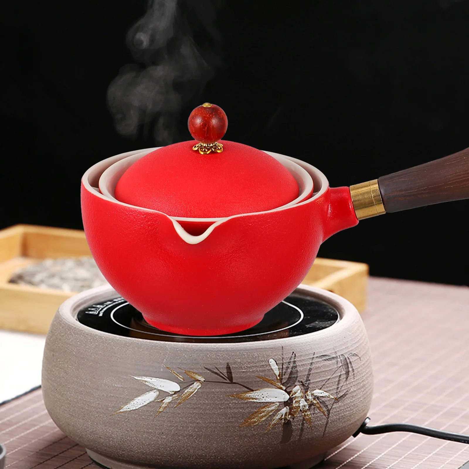 

Teapot Ceramic Single Long Handle Portable Household Kettle Heating Stainless Steel