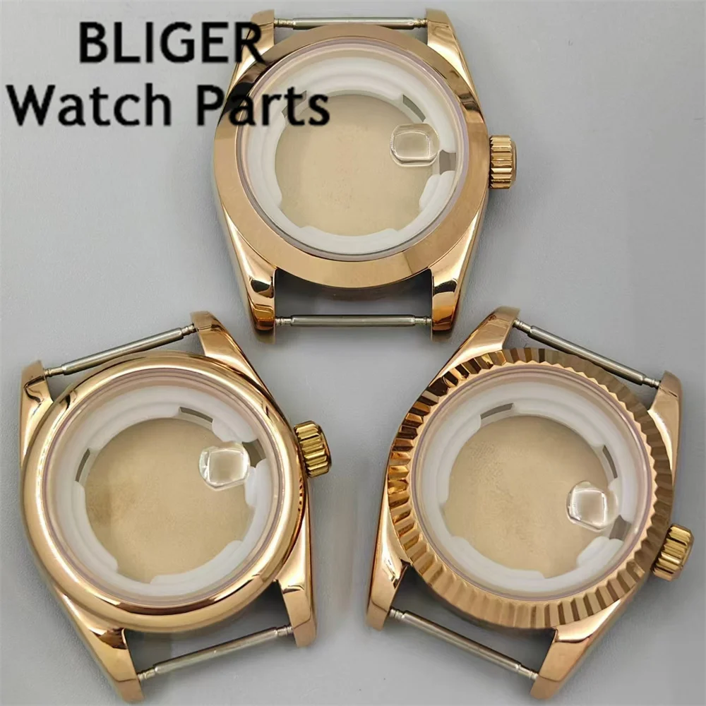BLIGER 31mm damski zegarek koperta złota różowe złoto karbowana polerowana pochylona okrągła ramka szkło szafirowe pasuje do mechanizmu NH05 NH06