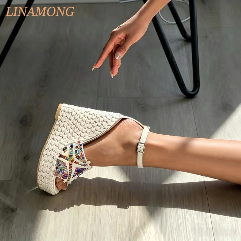 Women Woven Platform Wedge Heel Sandals Open Toe Multicolor Crystal Decor Raw Edge Fringe Ankle Buckle Strap Trendy shoes